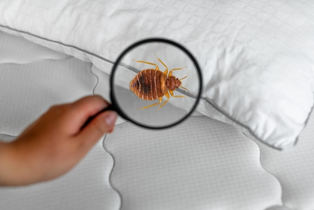 bed bug on bed with magnifying glass