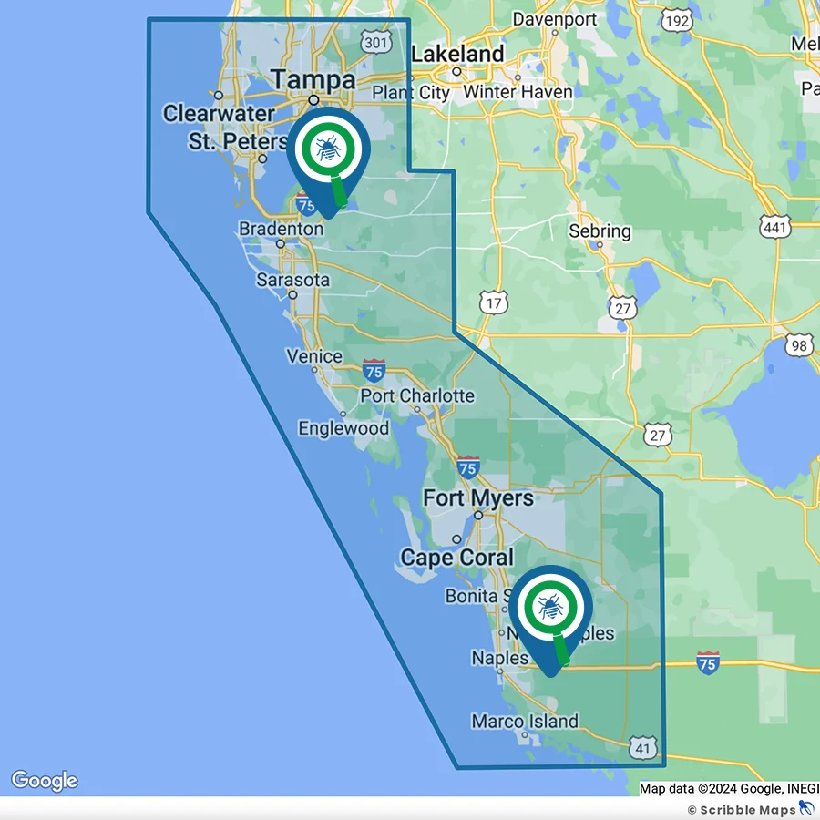 Keller's Pest Control Tampa Florida Fort Meyers Service Area Map